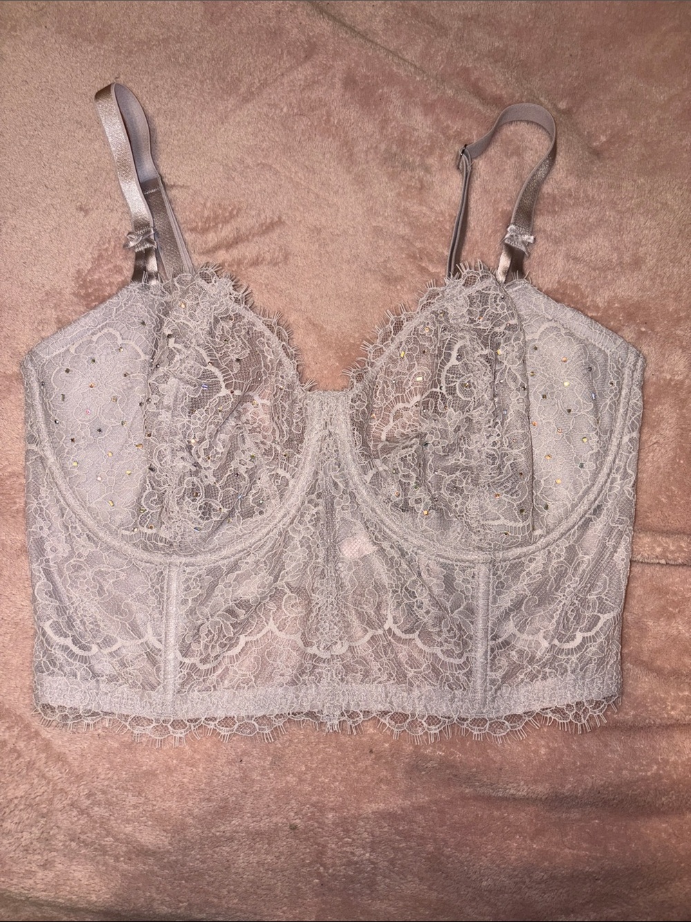 Victoria's Secret Lace Longline Bralette in Light Gray with Subtle Sparkle